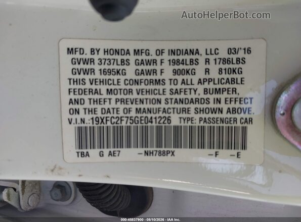 19XFC2F75GE041226 2016 HONDA CIVIC White Widok komory silnika