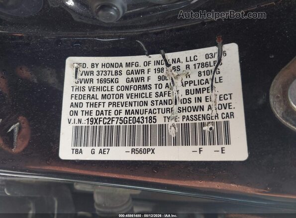 19XFC2F75GE043185 2016 HONDA CIVIC Black ძრავის განყოფილების ხედი