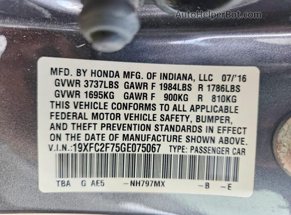 19XFC2F75GE075067 2016 HONDA CIVIC Gray ძრავის განყოფილების ხედი