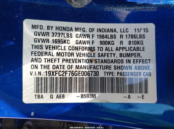 19XFC2F76GE006730 2016 HONDA CIVIC Blue Շարժիչի բաժամունքի տեսք