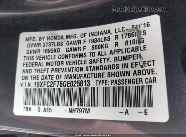 19XFC2F76GE025813 2016 HONDA CIVIC Gray Widok komory silnika