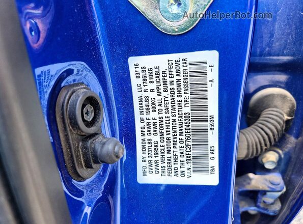 19XFC2F76GE045303 2016 HONDA CIVIC Синий Вид подкапотного пространства