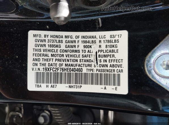 19XFC2F76HE040460 2017 HONDA CIVIC Black Vista del compartimento del motor