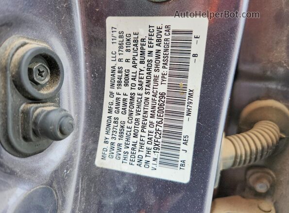 19XFC2F76JE006296 2018 HONDA CIVIC Gray VIN կոդի պիտակի տեսք