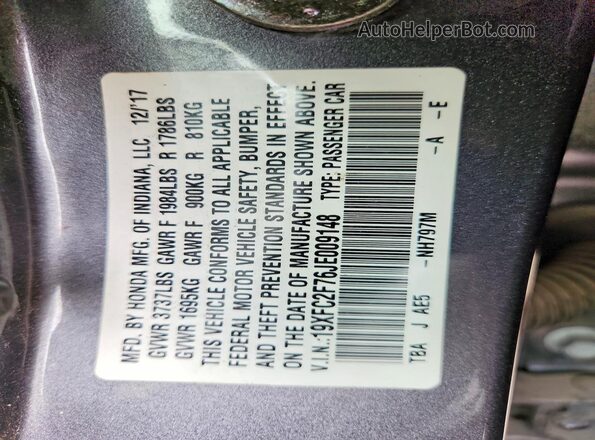 19XFC2F76JE009148 2018 HONDA CIVIC Gray Widok komory silnika