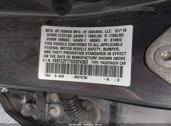 19XFC2F77GE024363 2016 HONDA CIVIC Gray Շարժիչի բաժամունքի տեսք