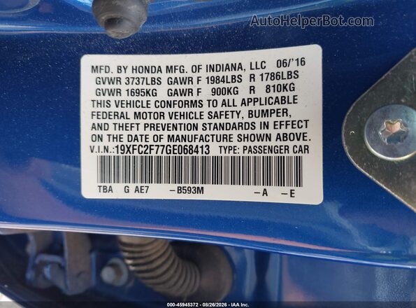 19XFC2F77GE068413 2016 HONDA CIVIC Blue Vista del compartimento del motor