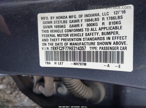 19XFC2F77HE214357 2017 HONDA CIVIC Gray Շարժիչի բաժամունքի տեսք