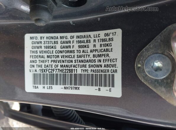 19XFC2F77HE228811 2017 HONDA CIVIC Gray Вид підкапотного простору