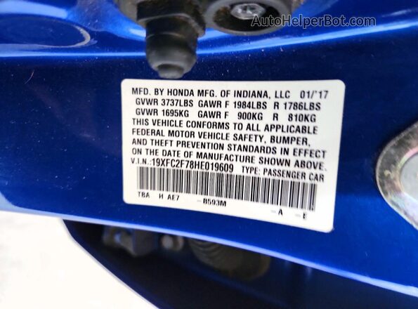 19XFC2F78HE019609 2017 HONDA CIVIC Blue VIN კოდის სტიკერის ხედი
