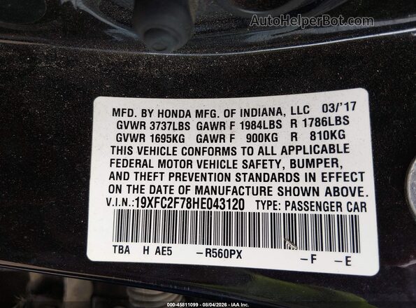 19XFC2F78HE043120 2017 HONDA CIVIC Black Вид підкапотного простору