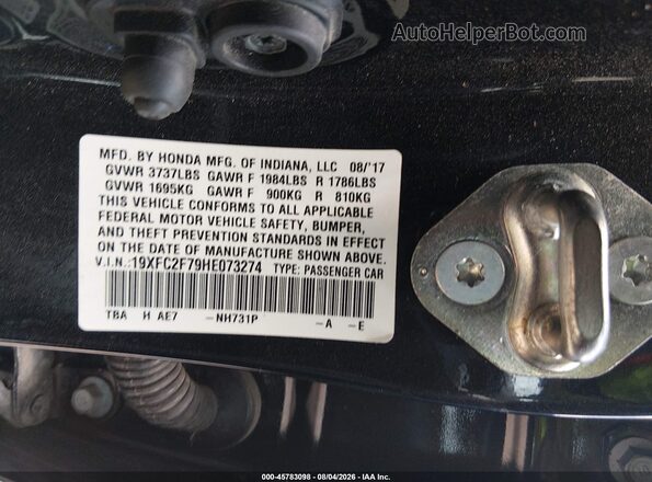 19XFC2F79HE073274 2017 HONDA CIVIC Black Вид підкапотного простору