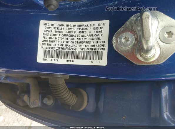19XFC2F79JE002159 2018 HONDA CIVIC Синий Вид подкапотного пространства