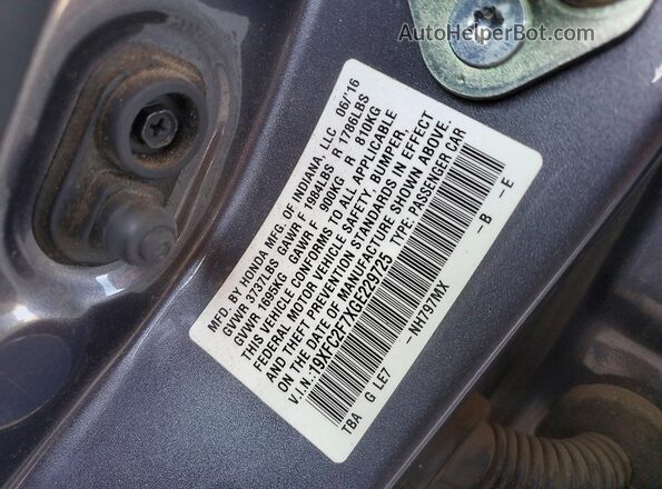 19XFC2F7XGE229725 2016 HONDA CIVIC Gray Vista del compartimento del motor