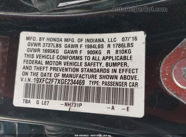 19XFC2F7XGE234469 2016 HONDA CIVIC Black Engine compartment view