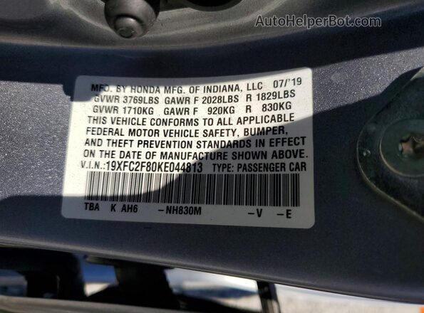 19XFC2F80KE044813 2019 HONDA CIVIC Silver Widok naklejki z numerem VIN