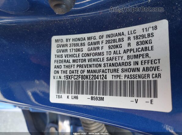 19XFC2F80KE204124 2019 HONDA CIVIC Blue Շարժիչի բաժամունքի տեսք
