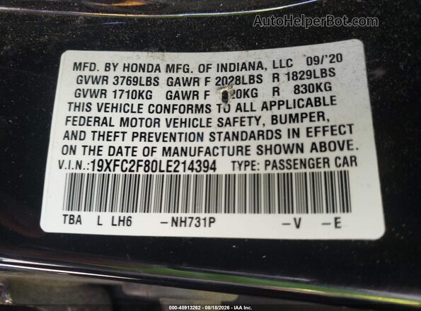 19XFC2F80LE214394 2020 HONDA CIVIC Black Vista del compartimento del motor