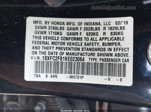 19XFC2F81KE023064 2019 HONDA CIVIC Black Vista del compartimento del motor
