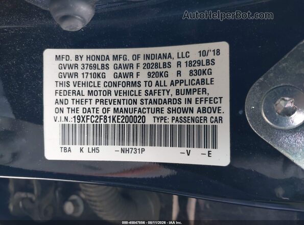 19XFC2F81KE200020 2019 HONDA CIVIC Black ძრავის განყოფილების ხედი