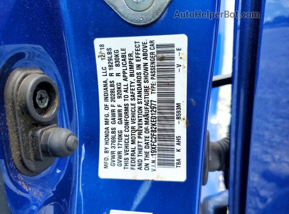 19XFC2F82KE012977 2019 HONDA CIVIC Blue Вид підкапотного простору