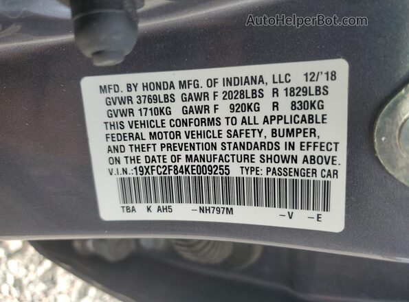 19XFC2F84KE009255 2019 HONDA CIVIC Gray Շարժիչի բաժամունքի տեսք