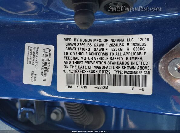 19XFC2F84KE010129 2019 HONDA CIVIC Blue Engine compartment view