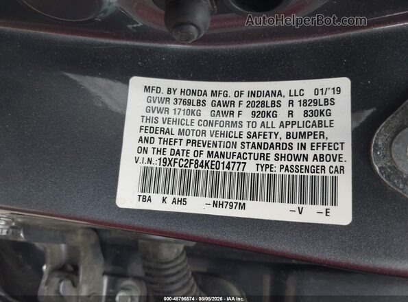 19XFC2F84KE014777 2019 HONDA CIVIC Gray Vista del compartimento del motor