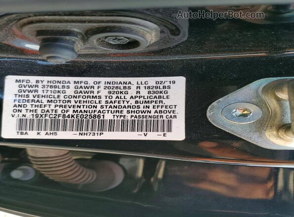 19XFC2F84KE025861 2019 HONDA CIVIC Black ძრავის განყოფილების ხედი