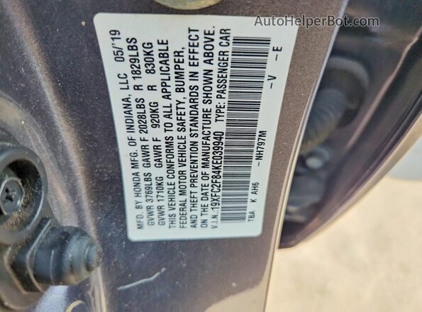 19XFC2F84KE039940 2019 HONDA CIVIC Gray Engine compartment view