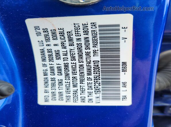 19XFC2F85LE030410 2020 HONDA CIVIC Blue Вид підкапотного простору