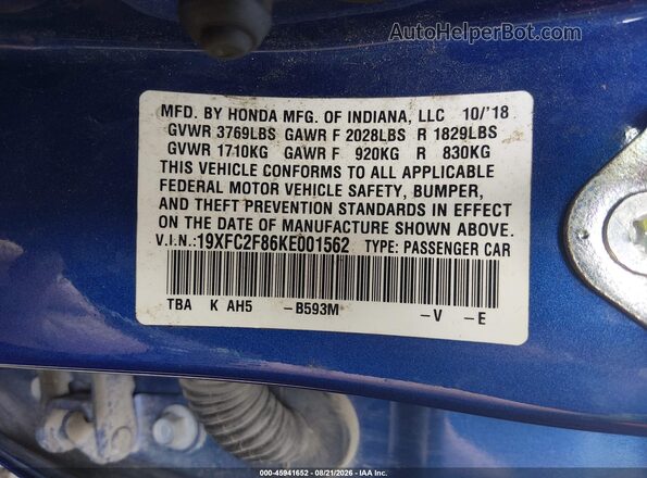 19XFC2F86KE001562 2019 HONDA CIVIC Blue Շարժիչի բաժամունքի տեսք