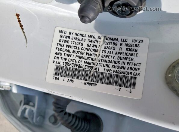 19XFC2F86LE030061 2020 HONDA CIVIC White Vista de la etiqueta del VIN
