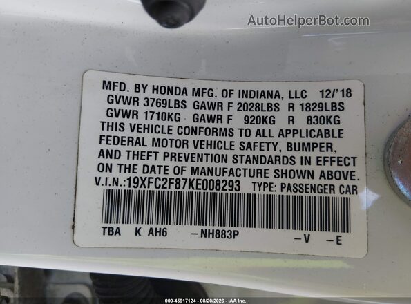 19XFC2F87KE008293 2019 HONDA CIVIC White ძრავის განყოფილების ხედი