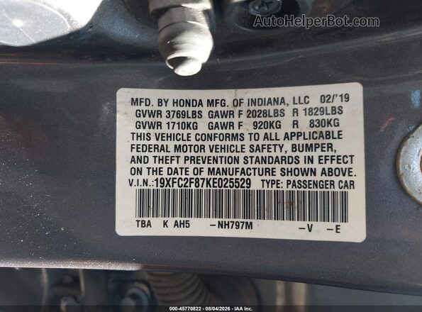 19XFC2F87KE025529 2019 HONDA CIVIC Gray Вид підкапотного простору