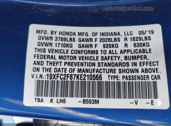 19XFC2F87KE210566 2019 HONDA CIVIC Blue Engine compartment view