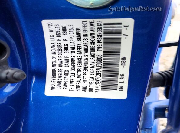 19XFC2F87LE008036 2020 HONDA CIVIC Blue VIN sticker view