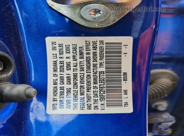 19XFC2F87LE027735 2020 HONDA CIVIC Blue Շարժիչի բաժամունքի տեսք