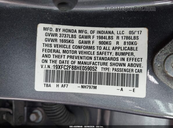 19XFC2F88HE059052 2017 HONDA CIVIC Gray Engine compartment view
