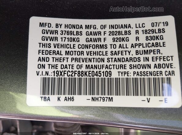 19XFC2F88KE045109 2019 HONDA CIVIC Серый Вид подкапотного пространства