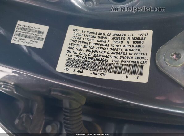 19XFC2F89KE008943 2019 HONDA CIVIC Gray Widok komory silnika
