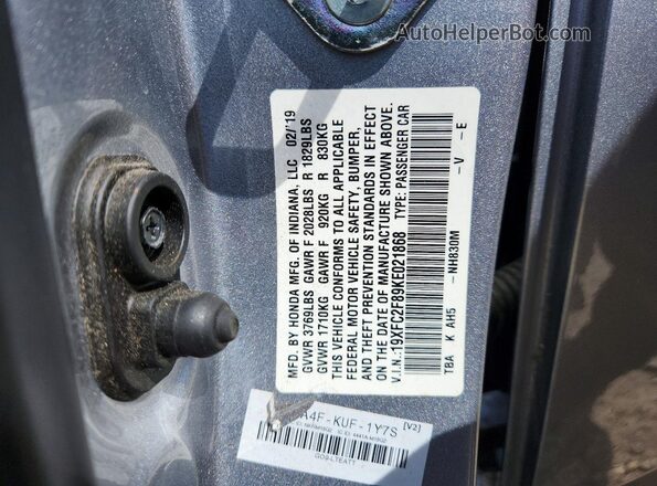 19XFC2F89KE021868 2019 HONDA CIVIC Silver ძრავის განყოფილების ხედი