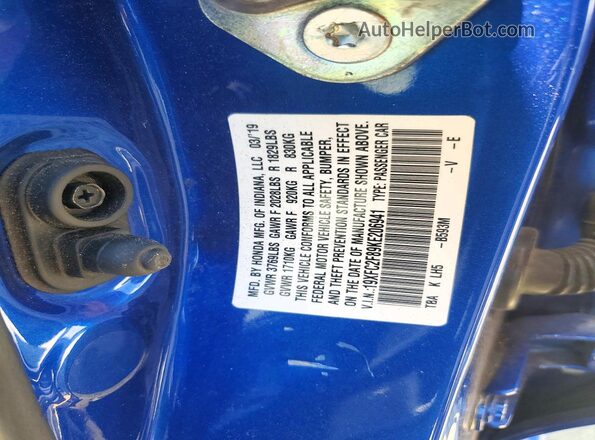 19XFC2F89KE206941 2019 HONDA CIVIC Синий Вид подкапотного пространства