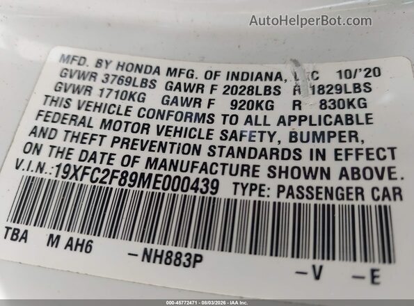 19XFC2F89ME000439 2021 HONDA CIVIC White Շարժիչի բաժամունքի տեսք