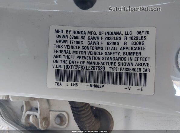 19XFC2F8XLE207520 2020 HONDA CIVIC White Widok komory silnika