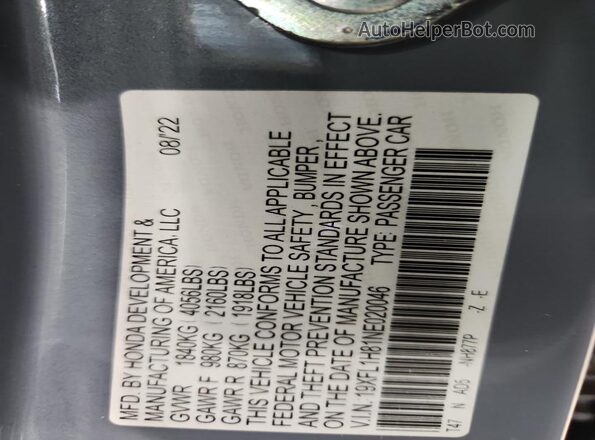 19XFL1H81NE020046 2022 HONDA CIVIC Blue Вид підкапотного простору