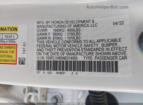 19XFL1H85NE014959 2022 HONDA CIVIC White Vista del compartimento del motor