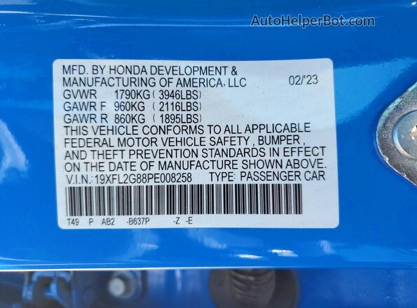 19XFL2G88PE008258 2023 HONDA CIVIC Blue Vista de la etiqueta del VIN