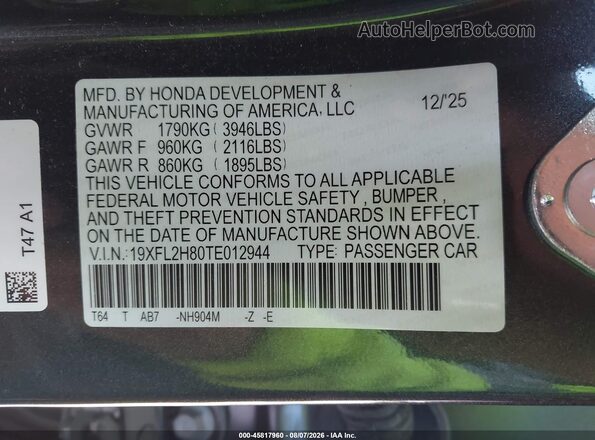 19XFL2H80TE012944 2026 HONDA CIVIC Gray Engine compartment view