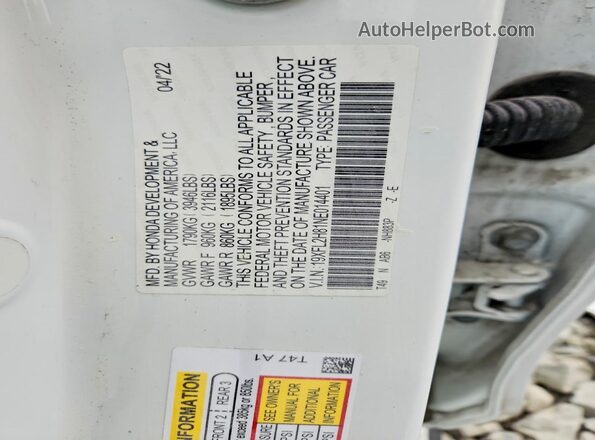 19XFL2H81NE014401 2022 HONDA CIVIC White Widok komory silnika